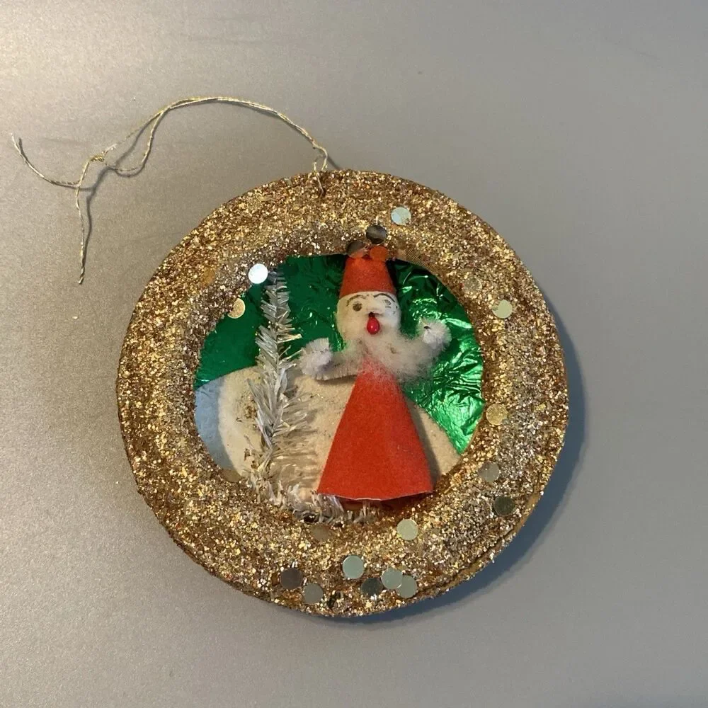 Vintage Christmas Ornament Diorama Round Santa Bottle Brush Tree Handmade